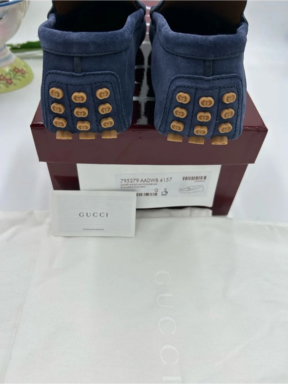 Men's Gucci GG embossed blue suede driver loafers size 9 fits 10 US made Italy
